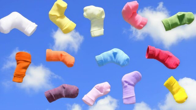 A bunch of colorful socks are floating in the air. The socks are of different colors and sizes, and they are scattered all over the sky. Concept of playfulness and whimsy