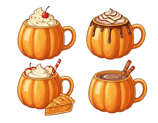 Set of Four pumpkin-shaped mugs filled with autumnal drinks and a pie slice Transparent Isolated Background 