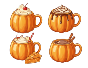 Set of Four pumpkin-shaped mugs filled with autumnal drinks and a pie slice Transparent Isolated Background 