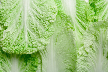 Leaves of fresh Chinese cabbage as background, top view