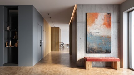 Modern apartment entrance with tall canvas art (mockup)  