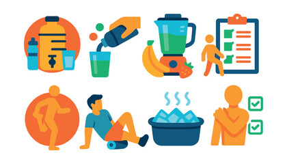 Flat vector icons of hydration and recovery: sports hydration station badge, electrolyte drink guide, post-workout smoothie recipes icon, cooling down after exercise checklist, muscle recovery