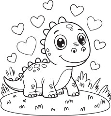 Adorable Cartoon Dinosaur with Hearts Coloring Page
