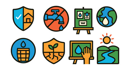 Flat vector icons of water conservation awareness: saving water at home checklist badge, turning off taps reminder icon, water conservation posters project, rainwater collection awareness badge,