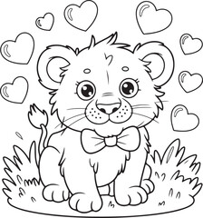 Adorable Lion Cub with Bow Tie Surrounded by Hearts