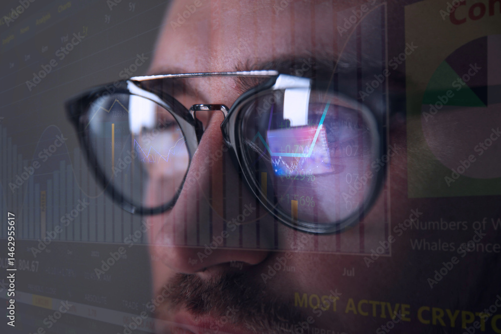 Poster stock exchange. trader analyzing data, closeup. graphs reflecting in his eyeglasses