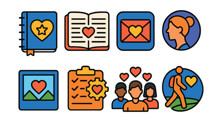 Flat vector icons of gratitude practices: gratitude journal for teens badge, daily gratitude prompts planner, thank you notes app icon, gratitude visualization exercises badge, gratitude photo