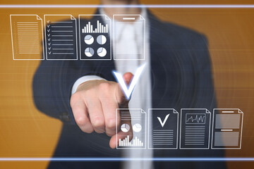 Business woman approving documents on virtual screen against orange background, closeup