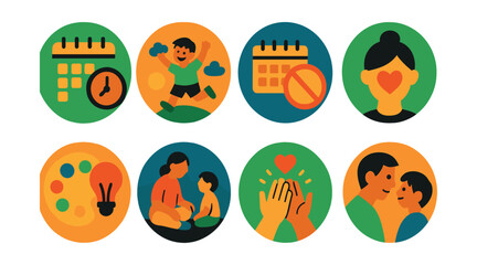 Flat vector icons of slow parenting practices: simplifying daily schedules badge, encouraging outdoor free play badge, limiting overscheduling badge, practicing mindful parenting badge, creating