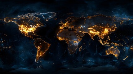 A world map illuminated with city lights against a dark blue and black space background view from space