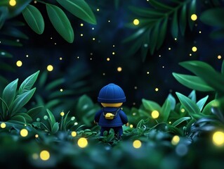 Small figure in a dark lush forest