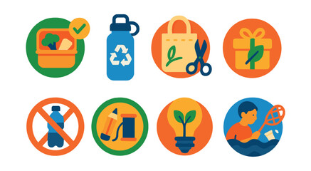 Flat vector icons of plastic reduction activities: plastic-free lunchbox challenge badge, reusable water bottle drive icon, cloth bag making workshop badge, eco-friendly gift wrapping badge, school