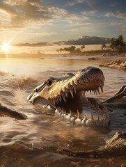 Fototapeta premium Prehistoric sarcosuchus imperator emerging from water at sunset on tropical beach