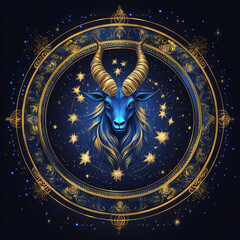 Obraz premium Capricorn zodiac emblem in golden celestial circle against starry night 