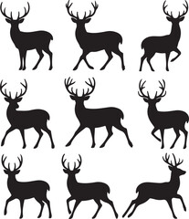 Nine Black Silhouettes of Deer in Various Poses