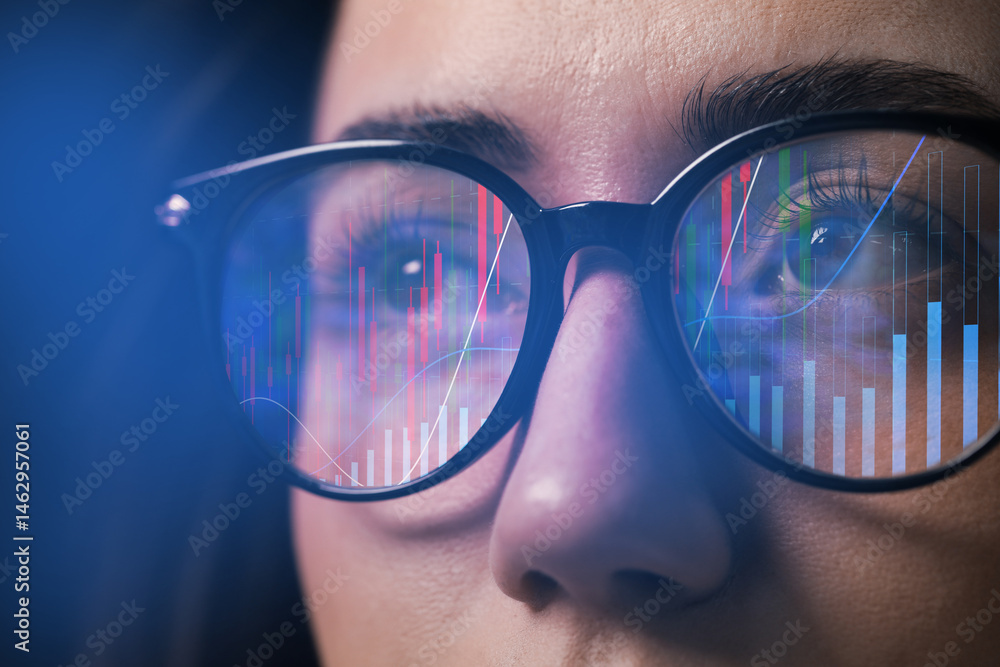 Poster stock exchange. trader analyzing data, closeup. graphs reflecting in her eyeglasses