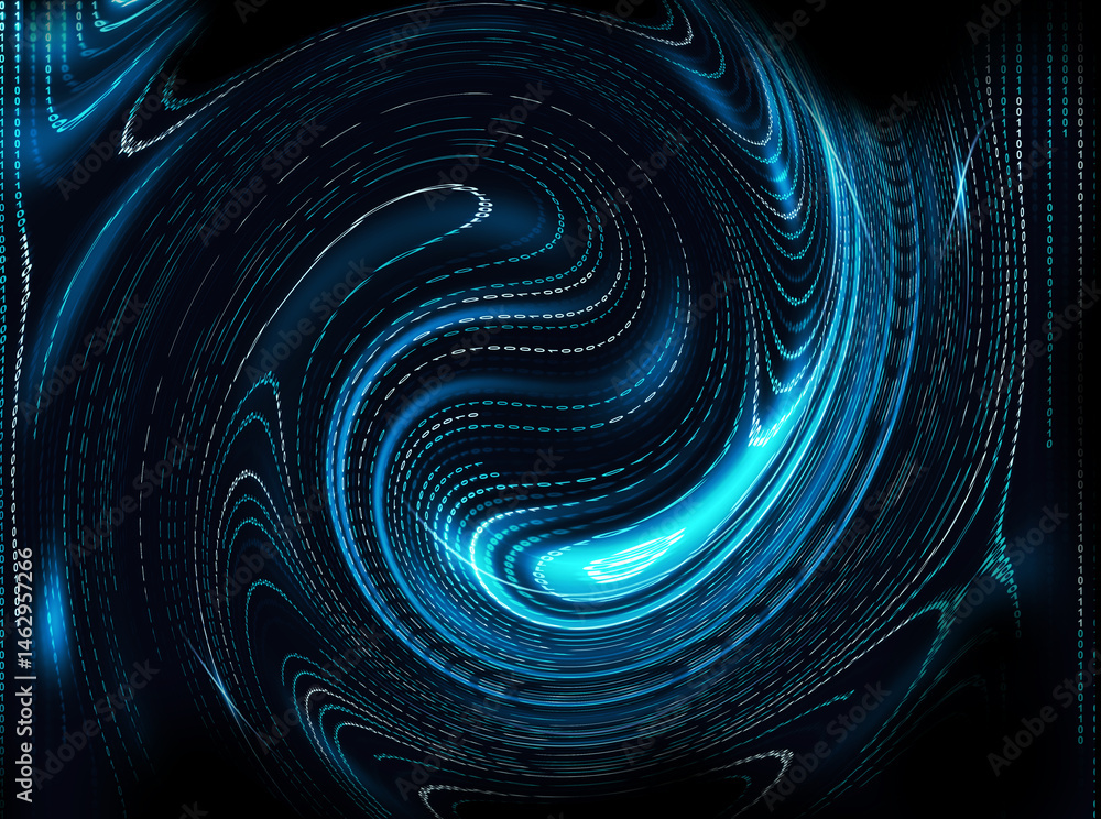 Poster cyberspace with warped stream of digital code on black background
