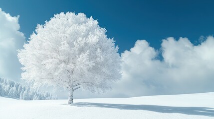 Fototapeta premium Snowy winter landscape with a frosted tree. Frosted tree stands on a snow-covered field under a clear blue sky