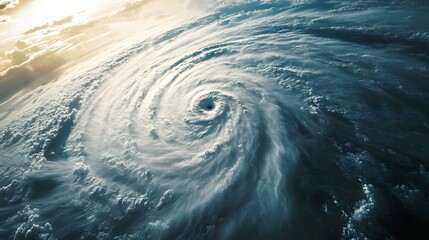 Aerial view of a massive hurricane with a visible eye and swirling cloud formations from above the earth