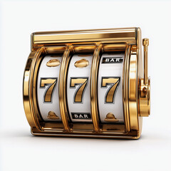 Golden slot machine with triple sevens and bar symbols on glossy white background

