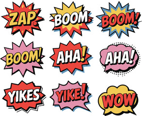Nine Retro Comic Book Style Speech Bubbles with Exclamations