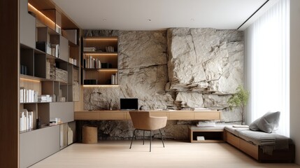 Modern cube study space with layered stone backdrop  