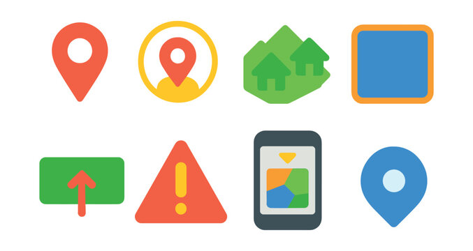 Flat vector icons of delivery zones and coverage: map pin icons, delivery radius circle, neighborhood area icon, zip code highlight, expanded coverage banner, delivery unavailable alert, zone