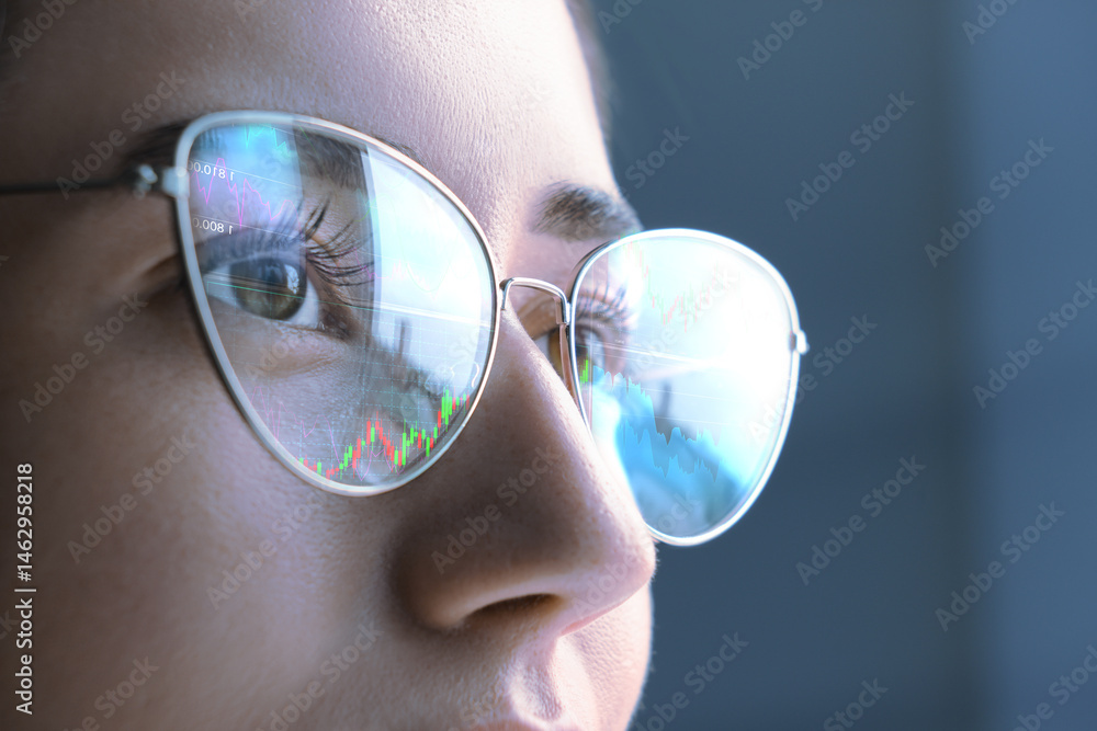 Poster stock exchange. trader analyzing data, closeup. graphs reflecting in her eyeglasses