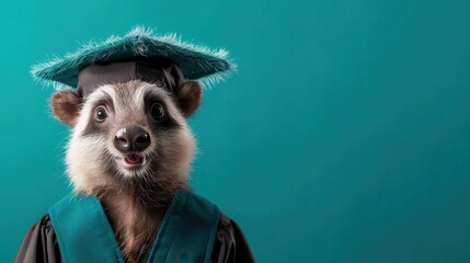A whimsical raccoon wearing a graduation cap and gown presents a light-hearted and humorous take on educational accomplishment, blending joy with a touch of fantasy.