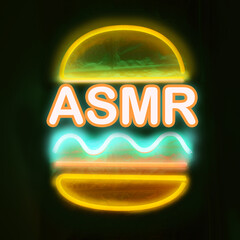 Autonomous sensory meridian response. Burger shape neon sign with abbreviation ASMR on black...
