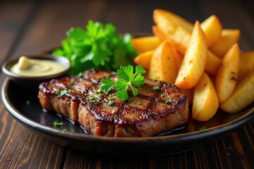Tender steak with crispy potato wedges & garlic aioli , garlic, restaurant, delicious