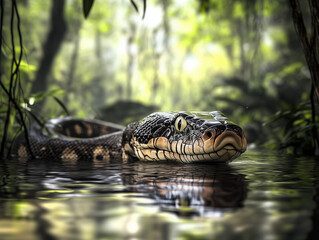 Large snake swimming in jungle river close up