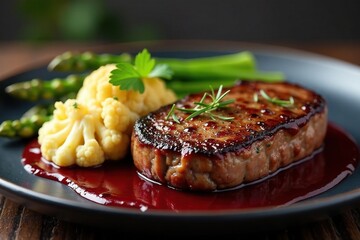 Sizzling steak, creamy cauliflower, grilled asparagus, rich red wine sauce , grilled vegetables, meat