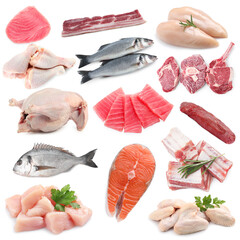 Fish and meat. Different fresh raw products on white background, collage