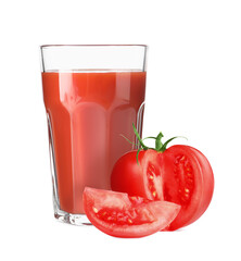 Tasty tomato juice in glass and fresh cut ingredient on white background