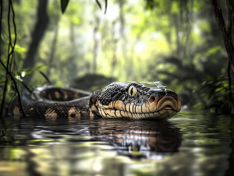 Fototapeta Large snake swimming in jungle river close up
