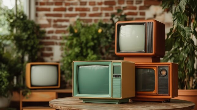 A collection of vintage televisions stacked together in an appealing arrangement, showcasing retro technology and evoking nostalgia in a cozy, plant-filled environment.