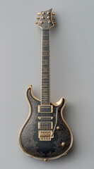 Fototapeta premium Ornate black and gold electric guitar with intricate engraved baroque design 