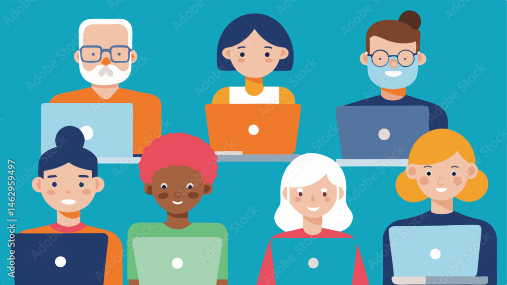 Poster online learning a person of different ages and backgrounds using laptops and tablets accessing onlin