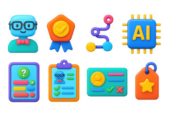 3D icon set of AI in education: smart tutor icon, auto-grading badge, learning path generator, knowledge AI chip, adaptive quiz, AI homework checker, personalized lesson card, study recommendation
