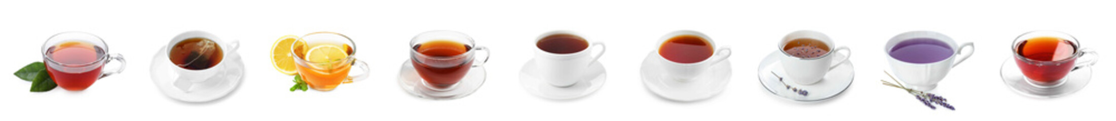 Different types of tea in cups isolated on white, set