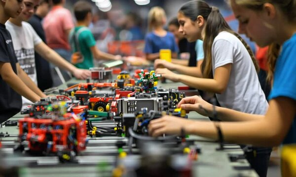 Children engaged in a robotics workshop, building and testing models.