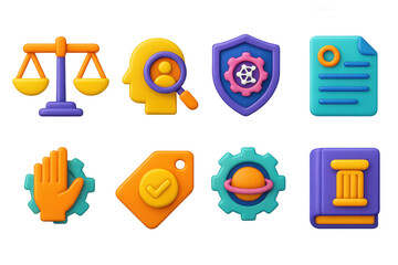 3D icon set of ethical AI principles: fairness scale, bias detection icon, explainable AI badge, transparency document, human oversight symbol, accountability tag, safe AI core, ethics book.