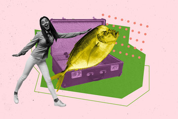 Pop graphics collage of person stand near valise with fish meal on pink color background