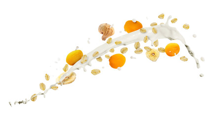 Milk splash with oat flakes and dried fruits in air on white background. Healthy breakfast