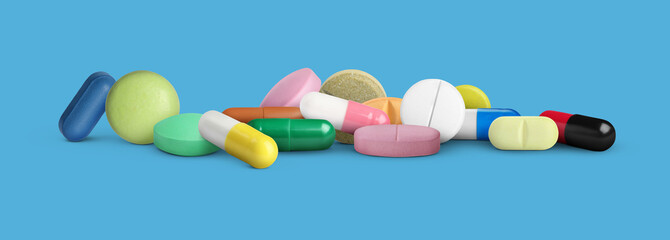 Different antibiotic pills on light blue background. Banner design
