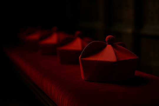 Cardinal birettas on velvet bench in church interior during conclave mood. AI generated