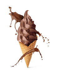 Chocolate ice cream in waffle cone and splash of milk on white background