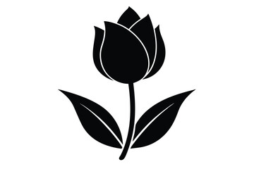 Solid black tulip silhouette showcases delicate petals and leafy stems in a simple form