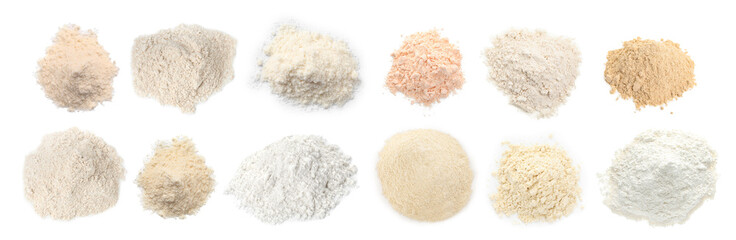 Different types of flour isolated on white, set. Top view